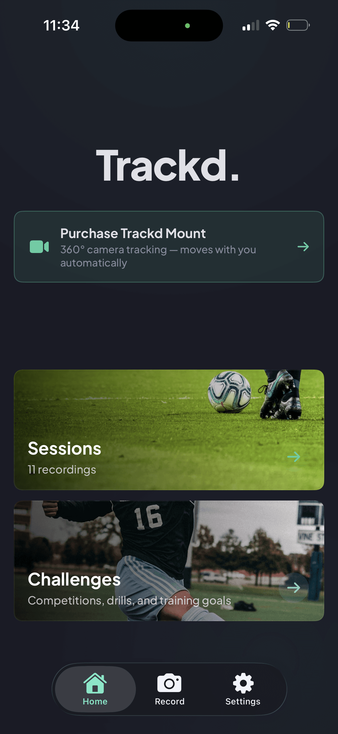 Trackd iOS app showing the home screen with sessions and challenges