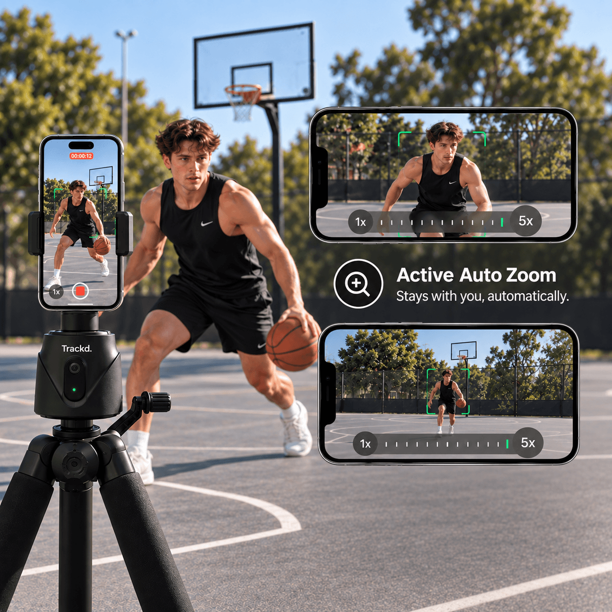 Wide and close views illustrating Trackd automatic zoom