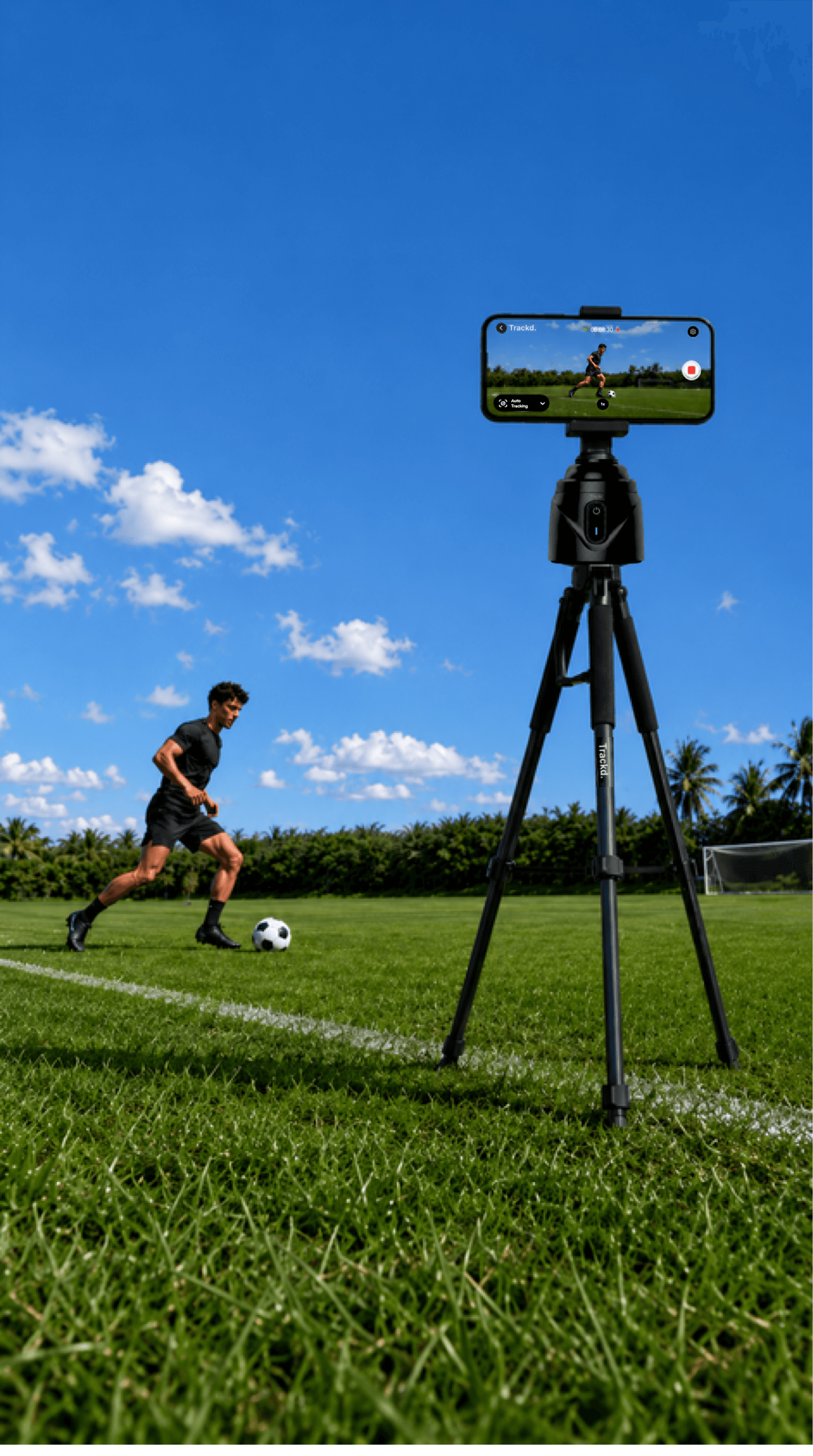 Trackd auto-tracking a footballer on a sunny field