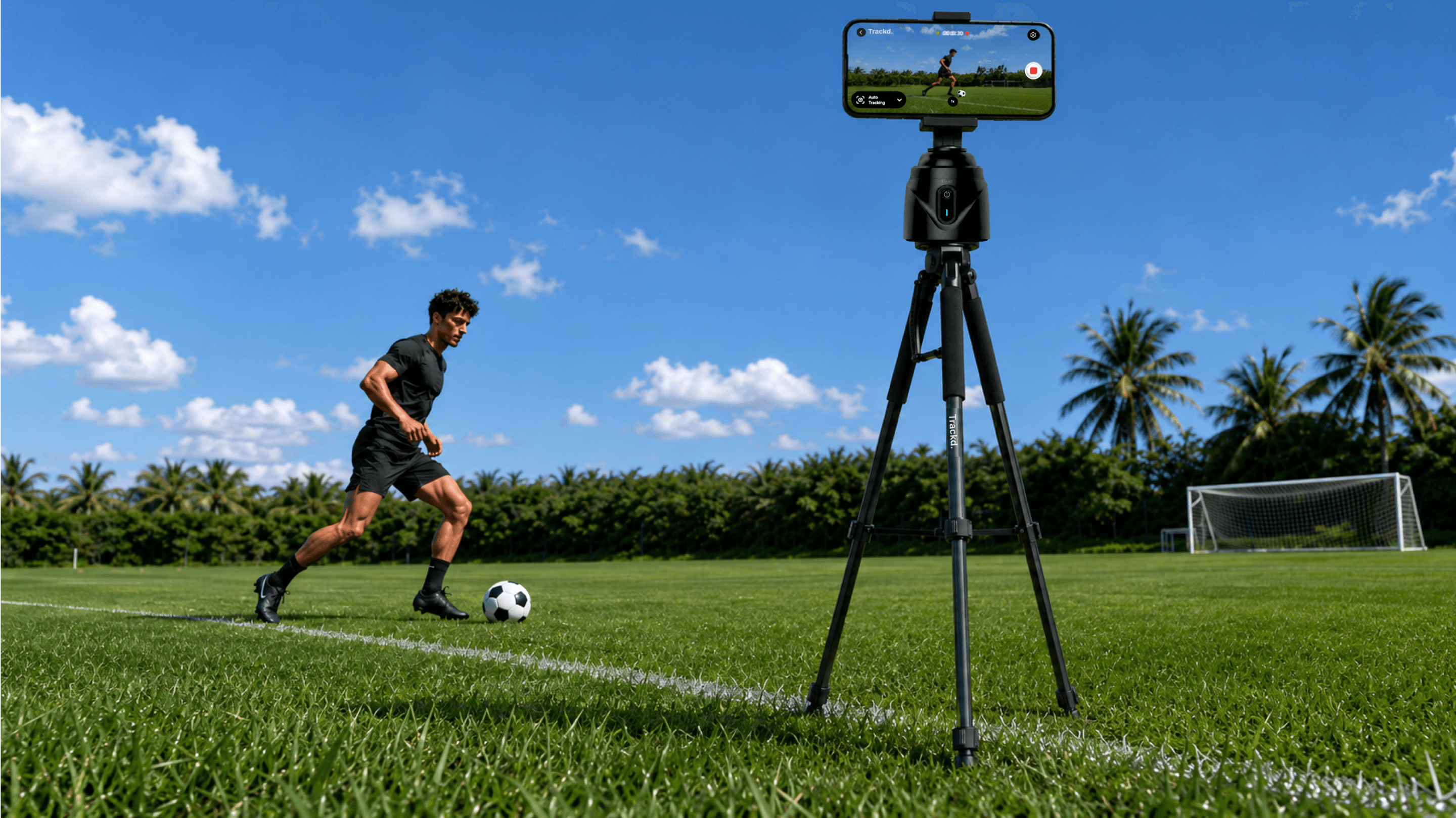 Trackd auto-tracking a footballer on a sunny field