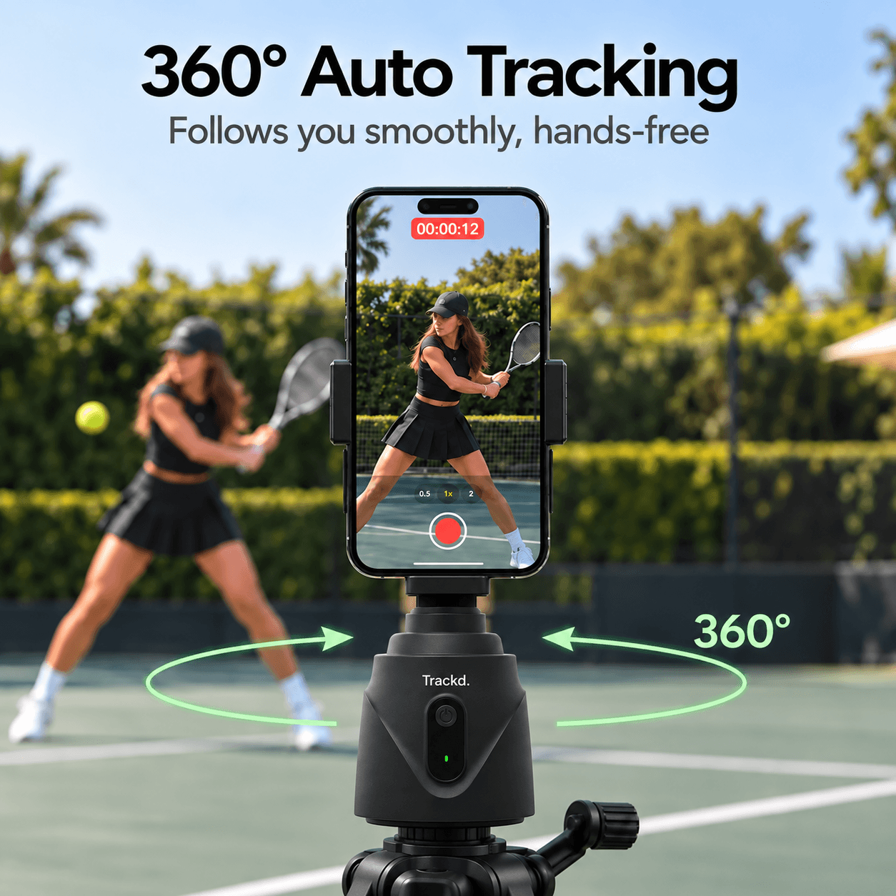 360° Auto Tracking — Trackd follows a tennis player smoothly, hands-free