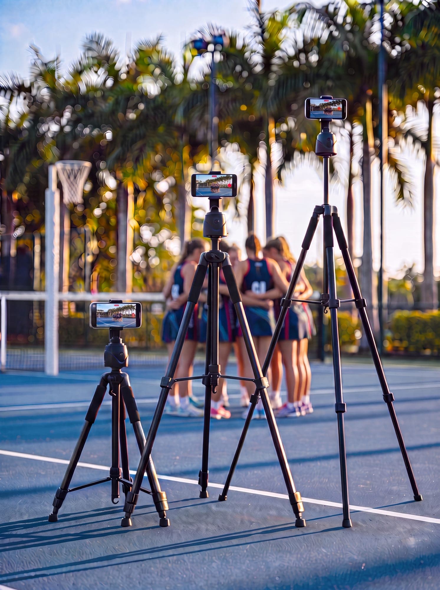 Three Trackd mounts and tripods beside a sports court