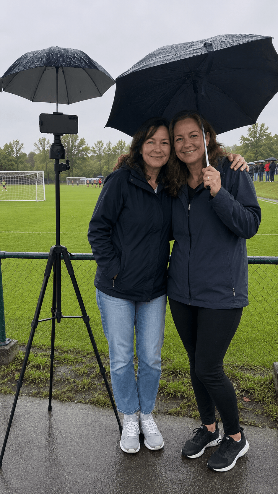 Parents using Trackd on a rainy sideline
